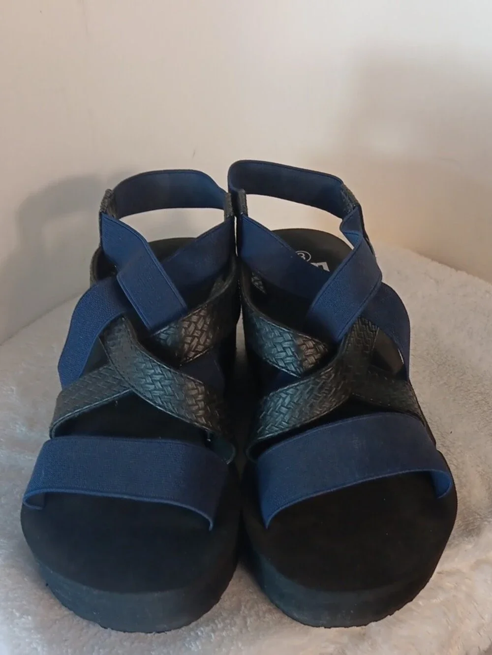 Muk Luks Navy and Black Wedge Sandals with Braided Straps
